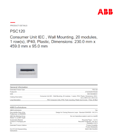 ตู้คอนซูมเมอร์ใส่เบรกเกอร์ 20 ช่อง ABB PSC120 Consumer Unit IEC IP40 Plastic Box & Cover_6